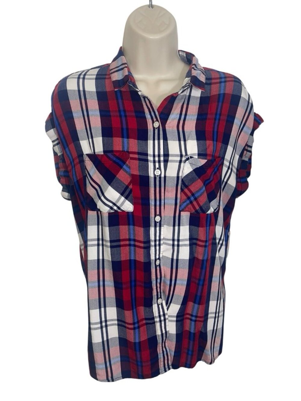 RAILS Women's Small Red Blue Plaid Short Sleeve Button Up Shirt READ DESCRIPTION